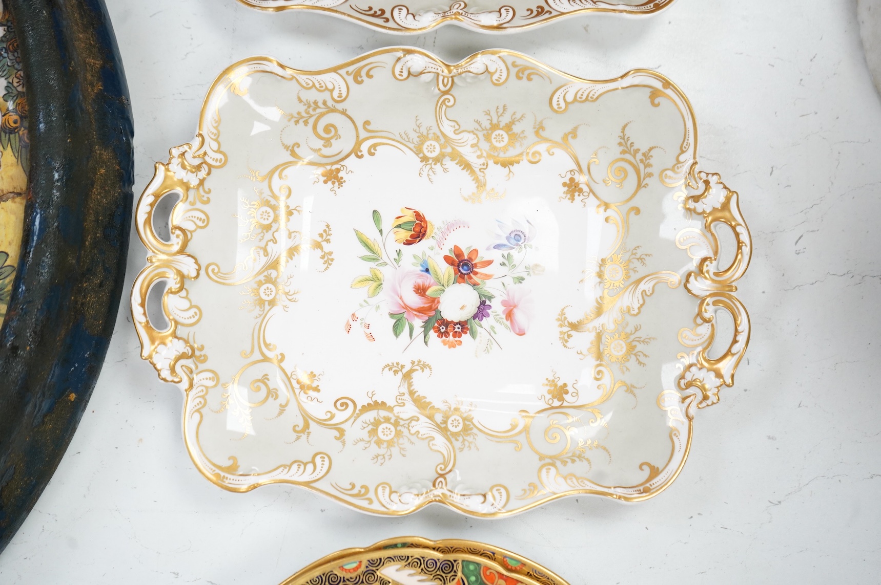 A pair of Spode 967 pattern Imari dishes and pair of Ridgway floral dessert dishes, largest 27cm wide